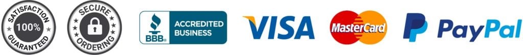 Satisfaction guarantee, secure ordering, BBB, Visa, Mastercard, and PayPal