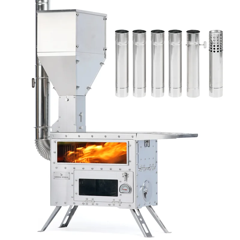 GREEN STOVE Hori 5 All-In-One Gravity Fed Pellet Wood Burning Hot Tent Stove for Outdoor Camping With Oven