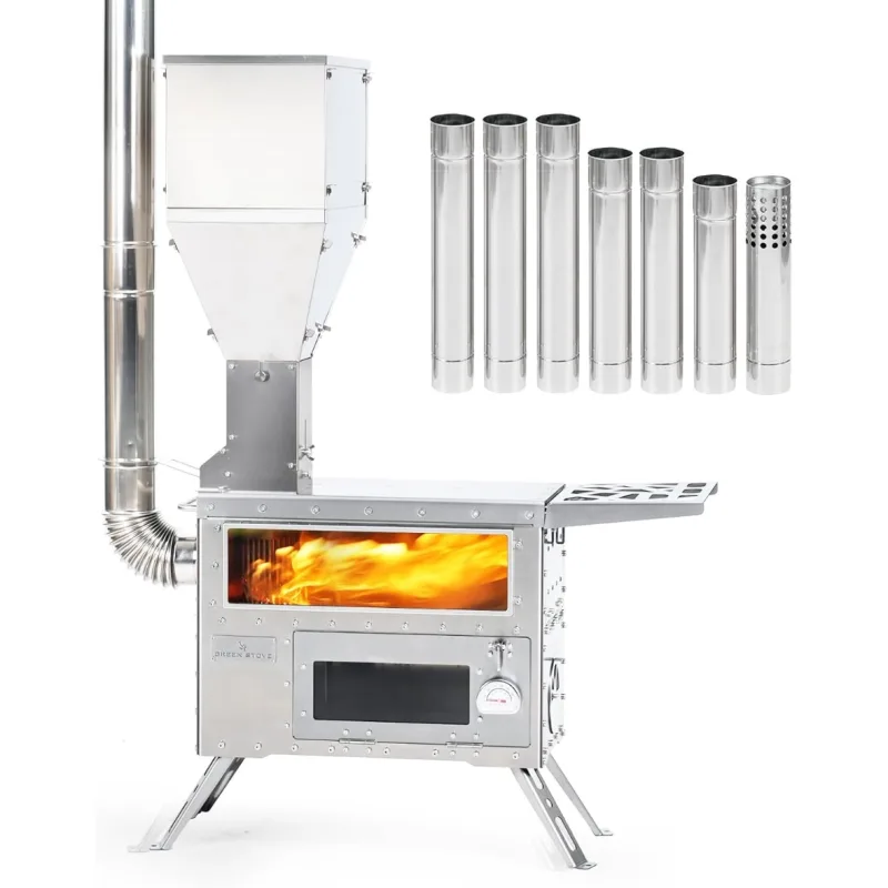 GREEN STOVE Hori 5 All-In-One Gravity Fed Pellet Wood Burning Hot Tent Stove[Easy Operation Version]