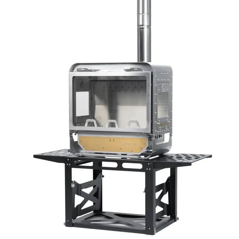 Green Stove Table Master Ultra wood stove with folding stand and chimney on white background
